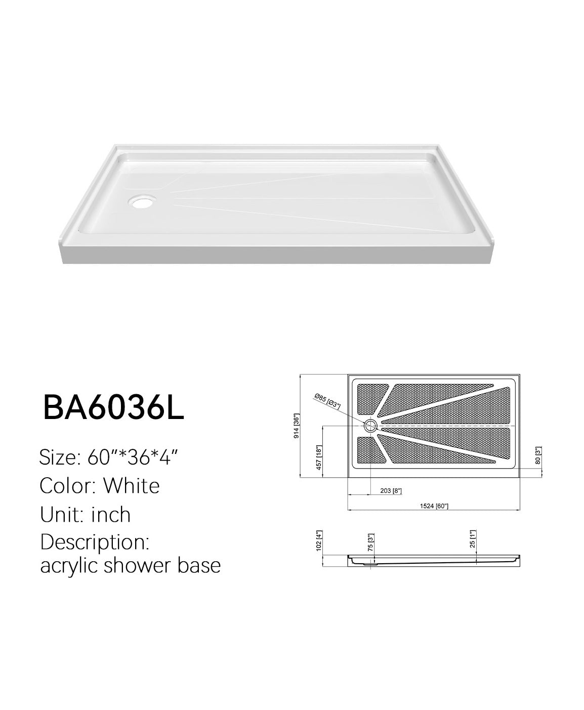 SANIKB BA6036L 60 x 36 left-drain shower base in white acrylic, shown with its dimension drawing