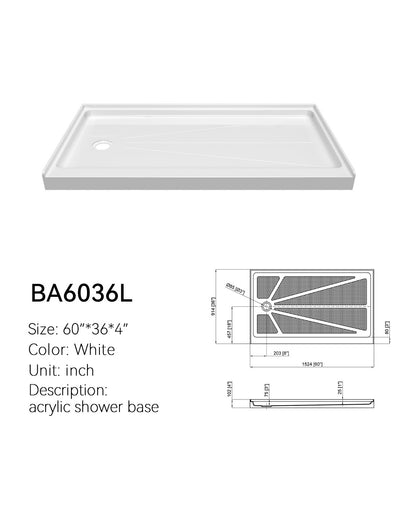 SANIKB BA6036L 60 x 36 left-drain shower base in white acrylic, shown with its dimension drawing