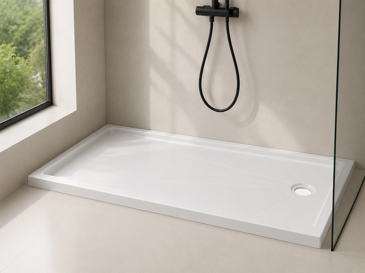 SANIKB BA6036R 60 x 36 shower base installed in a tiled alcove with right-side drain and black shower fixtures
