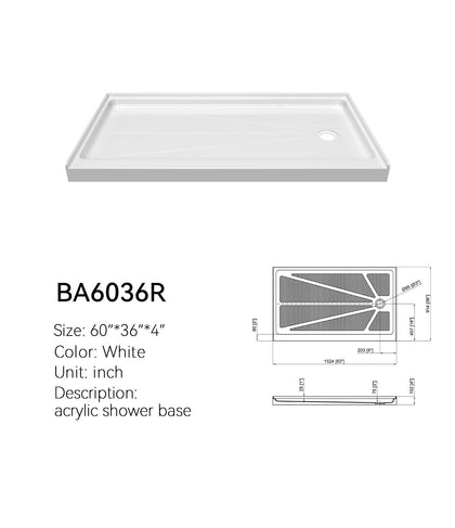 SANIKB BA6036R 60 x 36 right-drain shower base in white acrylic, shown with its dimensioned spec drawing