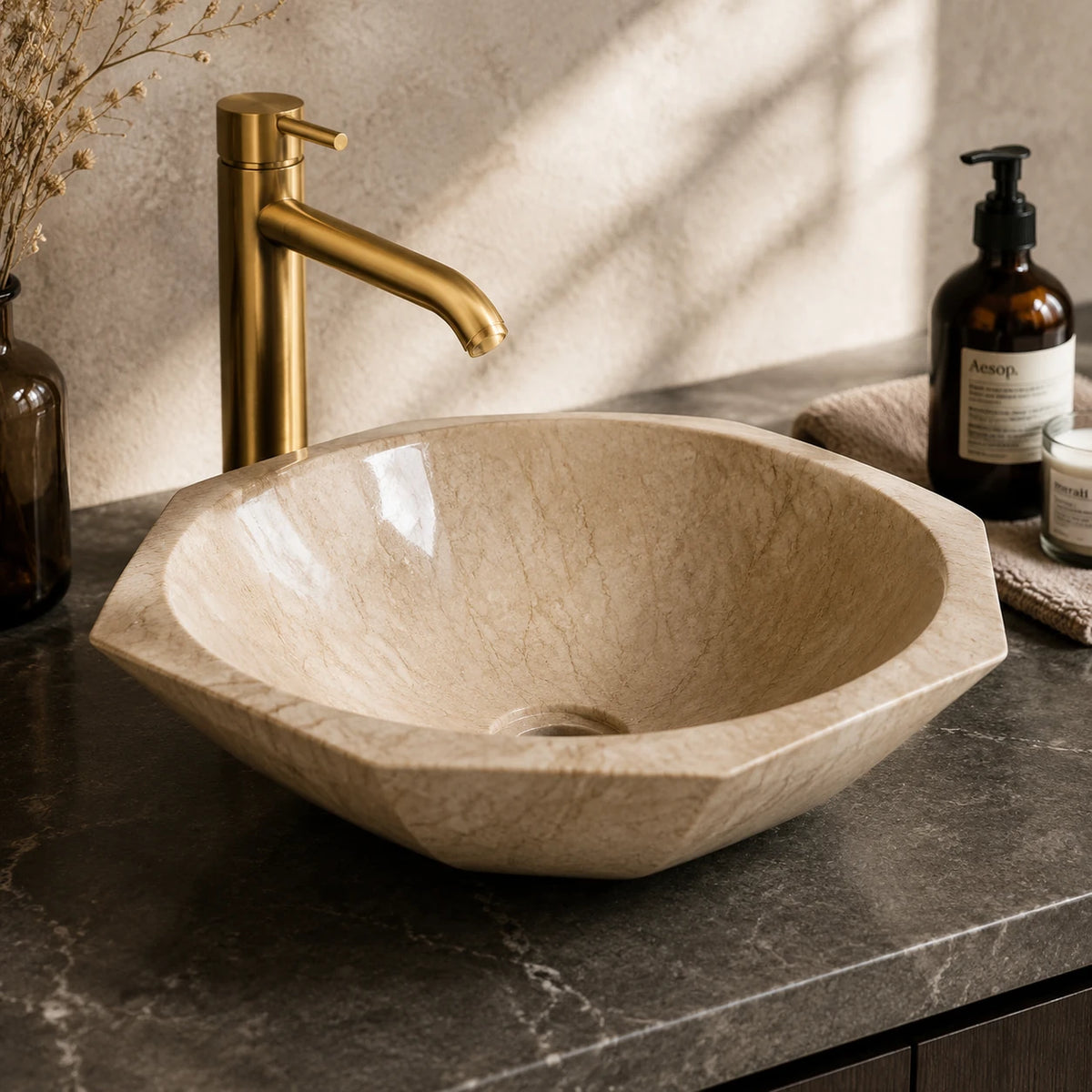 Beige Marble Boat-Shaped Vessel Basin 16.9×5.5
