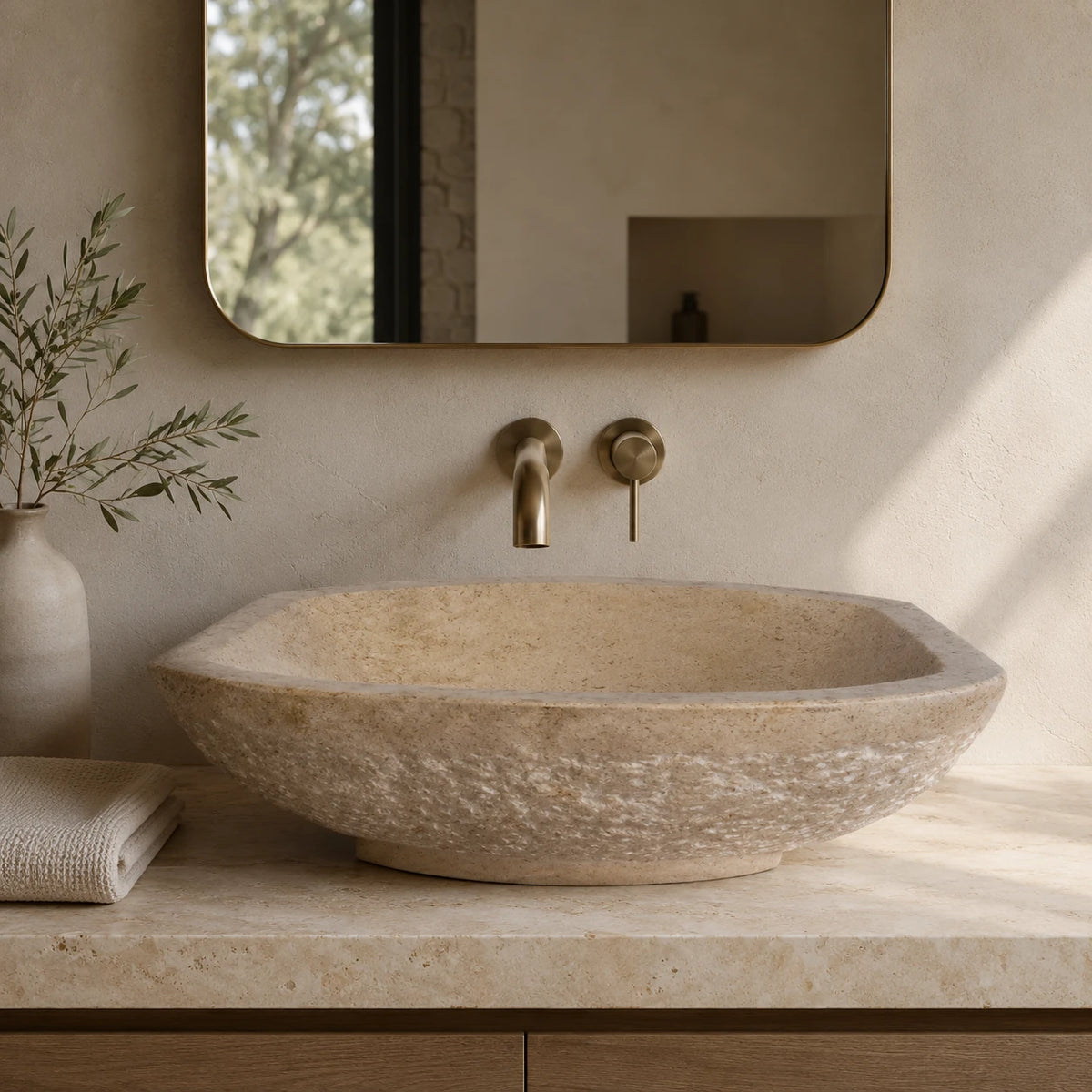 Beige Marble Boat-Shaped Vessel Basin 17.7×15.7