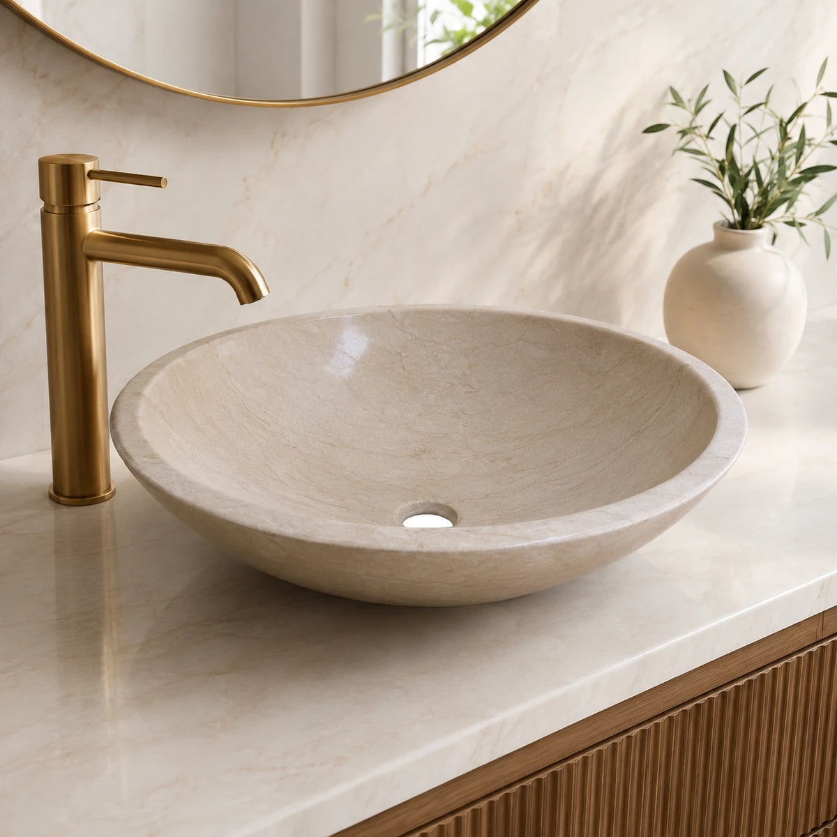 Beige Marble Round Vessel Basin 16.5×5.5