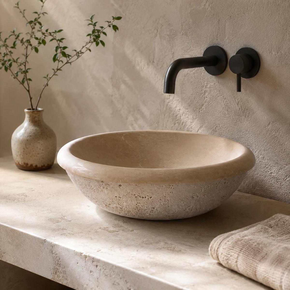 Beige Travertine Deep Round Vessel Basin 16.5×16.5