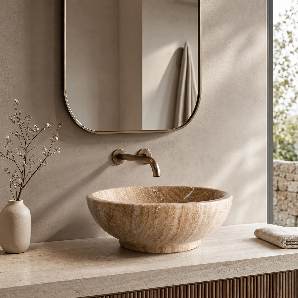 Beige Travertine Round Vessel Basin 16.5×16.5
