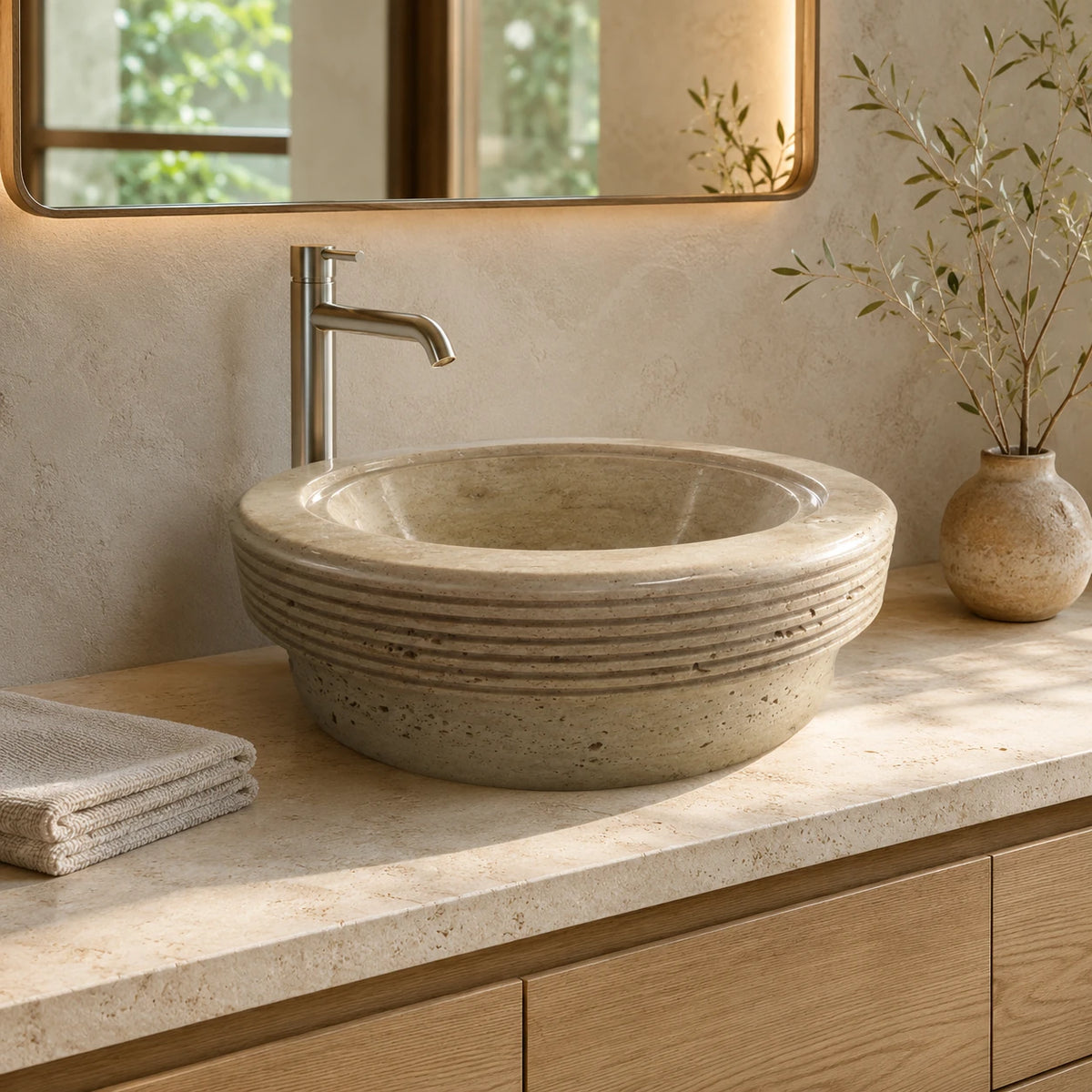 Beige Travertine Round Vessel Basin 17.7×5.1