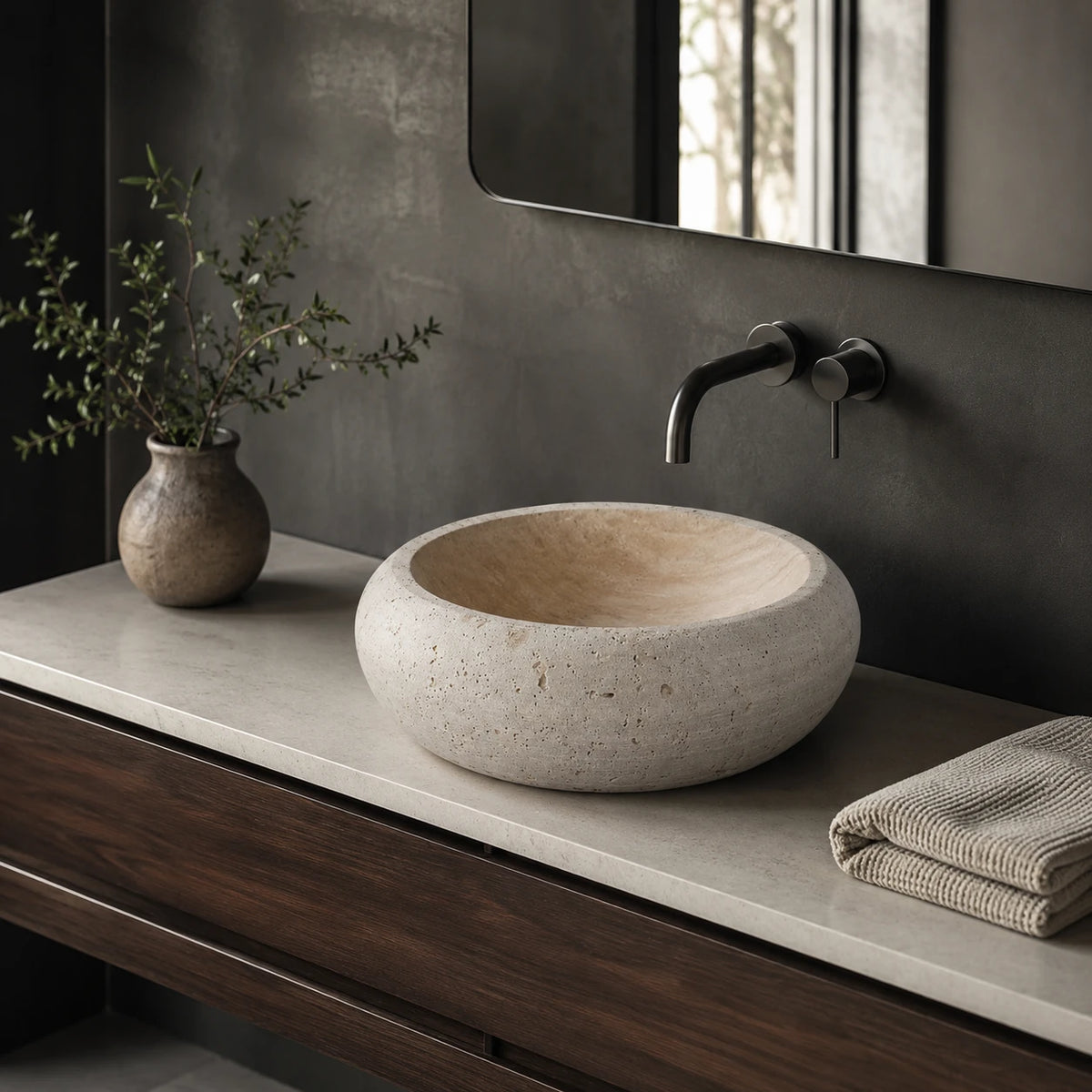 Beige Travertine Shallow Round Vessel Basin 17.7×5.1