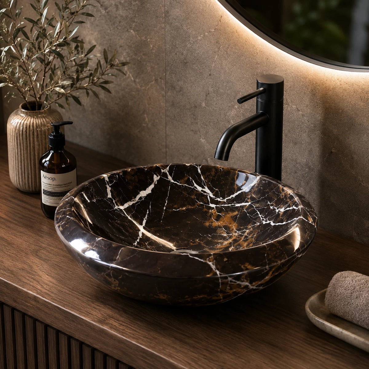 Black and Gold Marble Oval Vessel Basin 16.5×16.5