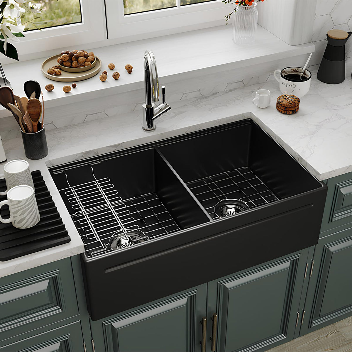33 Inch Double Farmhouse Sink with Drainboard – Black Apron Front Kitchen Sink | SN101W3320D