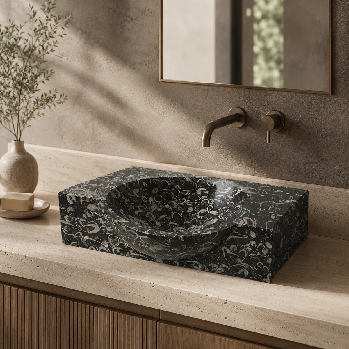 Black Fossil Limestone Rectangular Vessel Basin 23.6×17.7