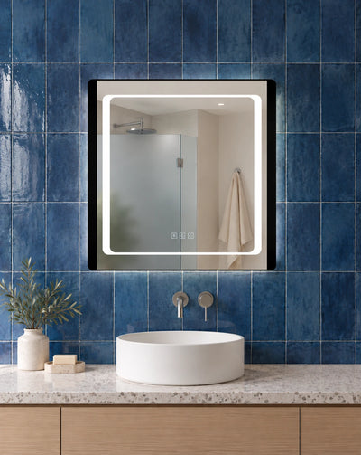 Black Frame Inset Border LED Bathroom Mirror — full product view; KS-009-1004