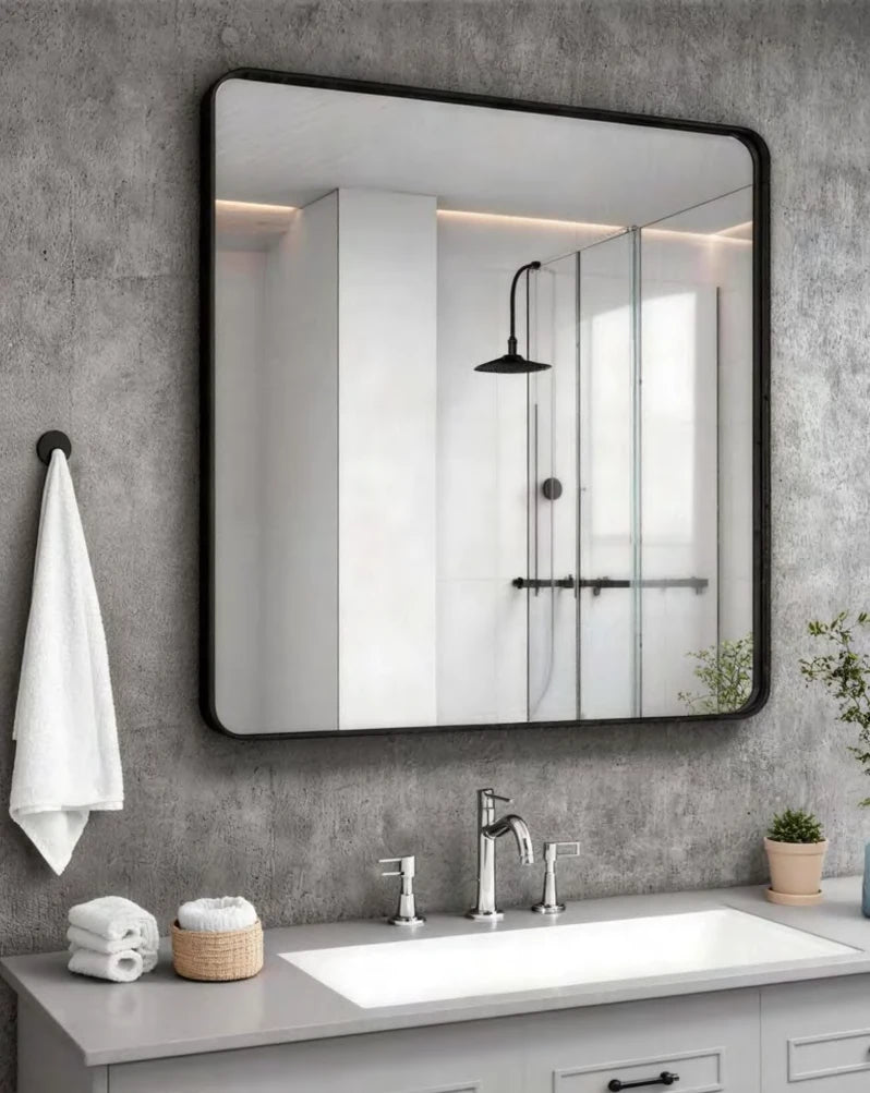 Black Frame Rounded Rectangle LED Mirror — catalog detail view; BBR