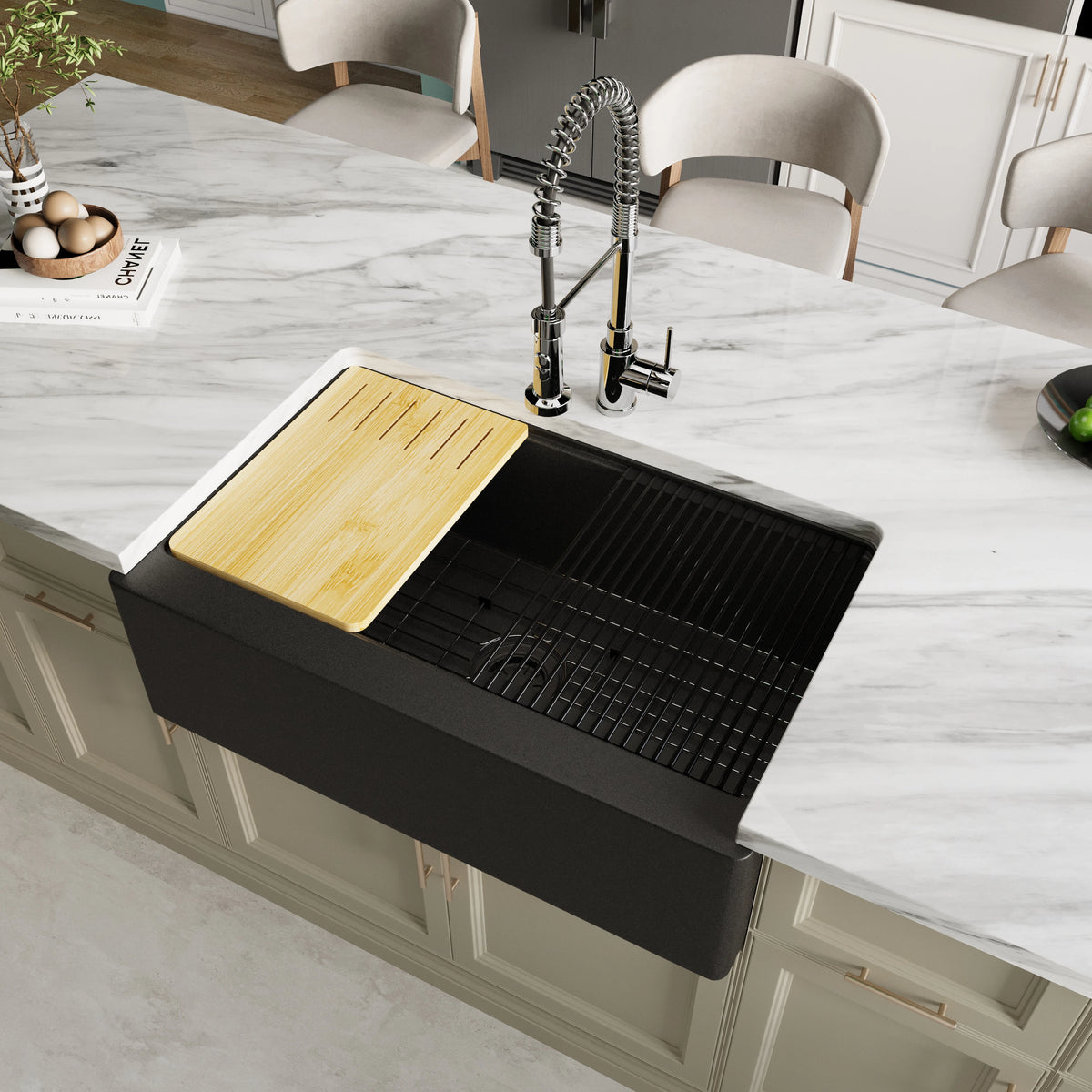 Black quartz curved apron front farmhouse workstation sink in a modern kitchen – SANIKB SN3321-MB