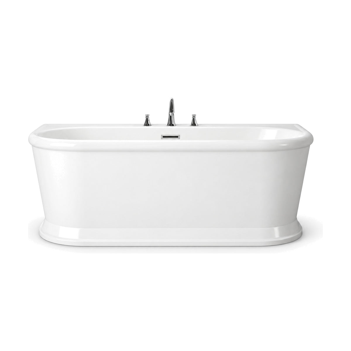 SANIKB D-8353 - white back-to-wall acrylic bathtub with rounded front, rolled lip, stepped plinth base and 3-hole deck taps
