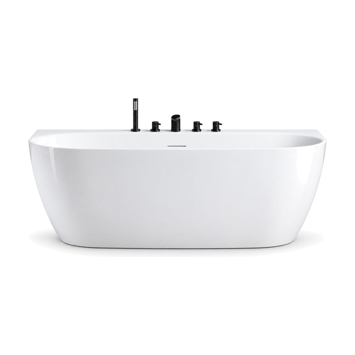 SANIKB D-8502 - glossy white D-shaped back-to-wall bathtub with a flat back deck carrying a 5-piece deck-mounted tap set