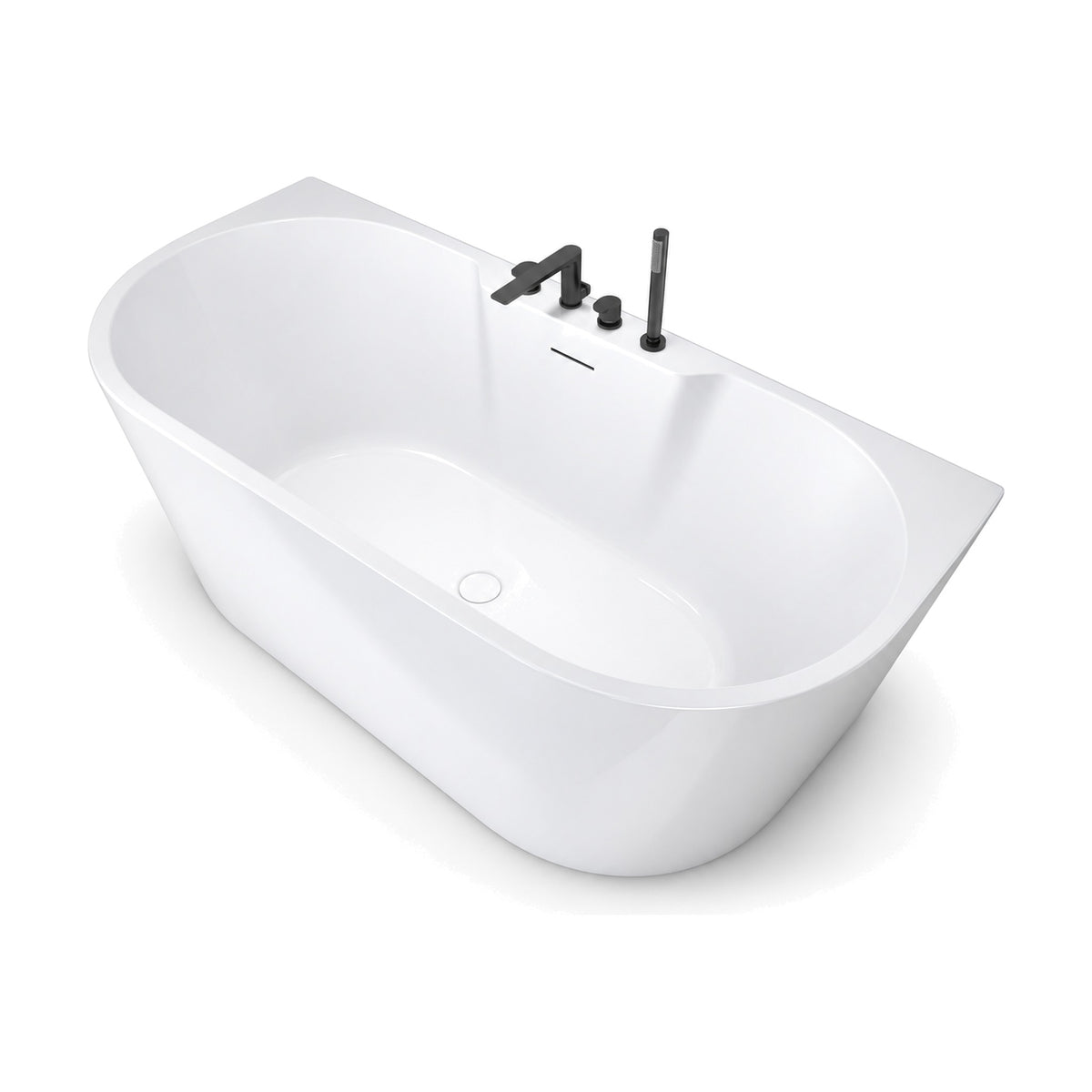 SANIKB D-8011T - glossy white D-shaped back-to-wall bathtub with slim rim and molded center tap platform with deck taps