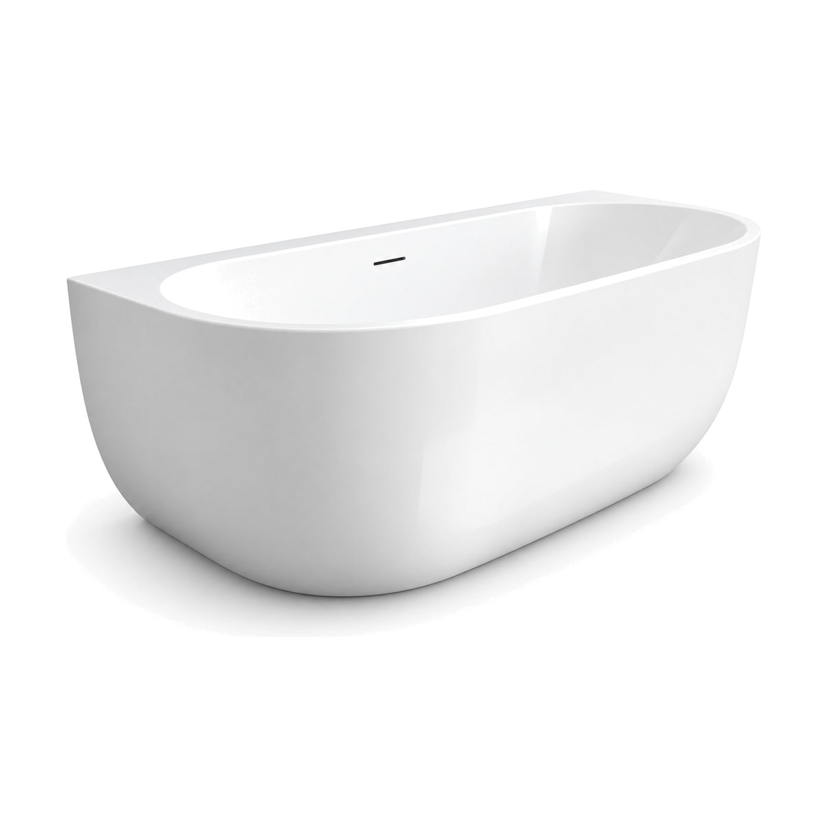 SANIKB AB02 - glossy white slim-rim D-shaped back-to-wall bathtub with flat wall side and wall-side overflow slot