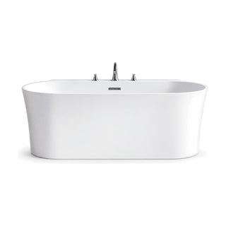 SANIKB D-8355 - white back-to-wall bathtub with rounded ends, flat rear deck with 3-hole faucet and body curving to the base