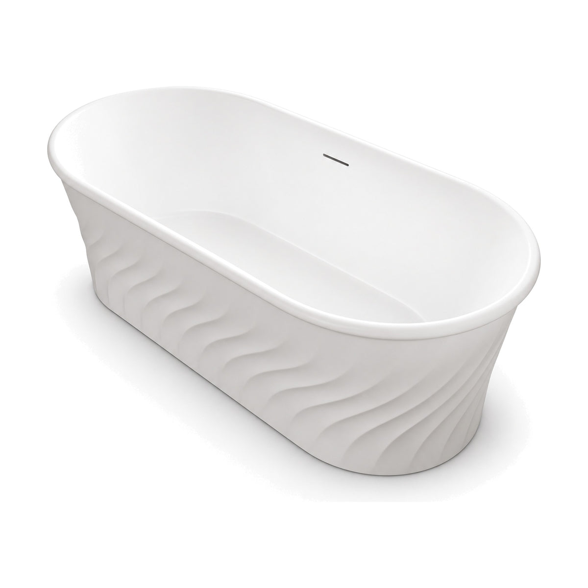 SANIKB D-8505 - white oval acrylic freestanding bathtub with diagonal wave ridges on the outer wall and a rolled rim