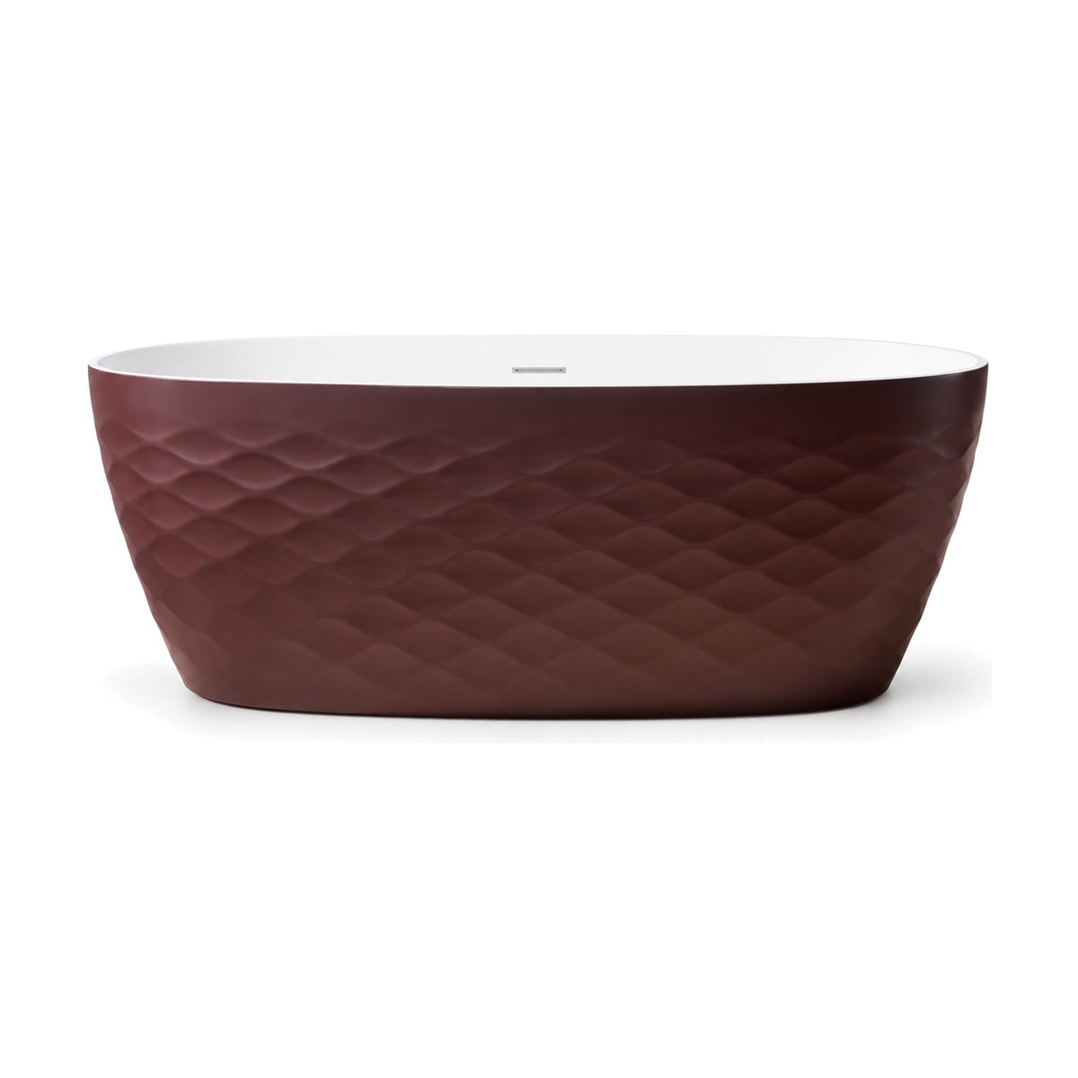 SANIKB D-8371B - oval acrylic freestanding bathtub with a matte burgundy quilted diamond exterior and white interior