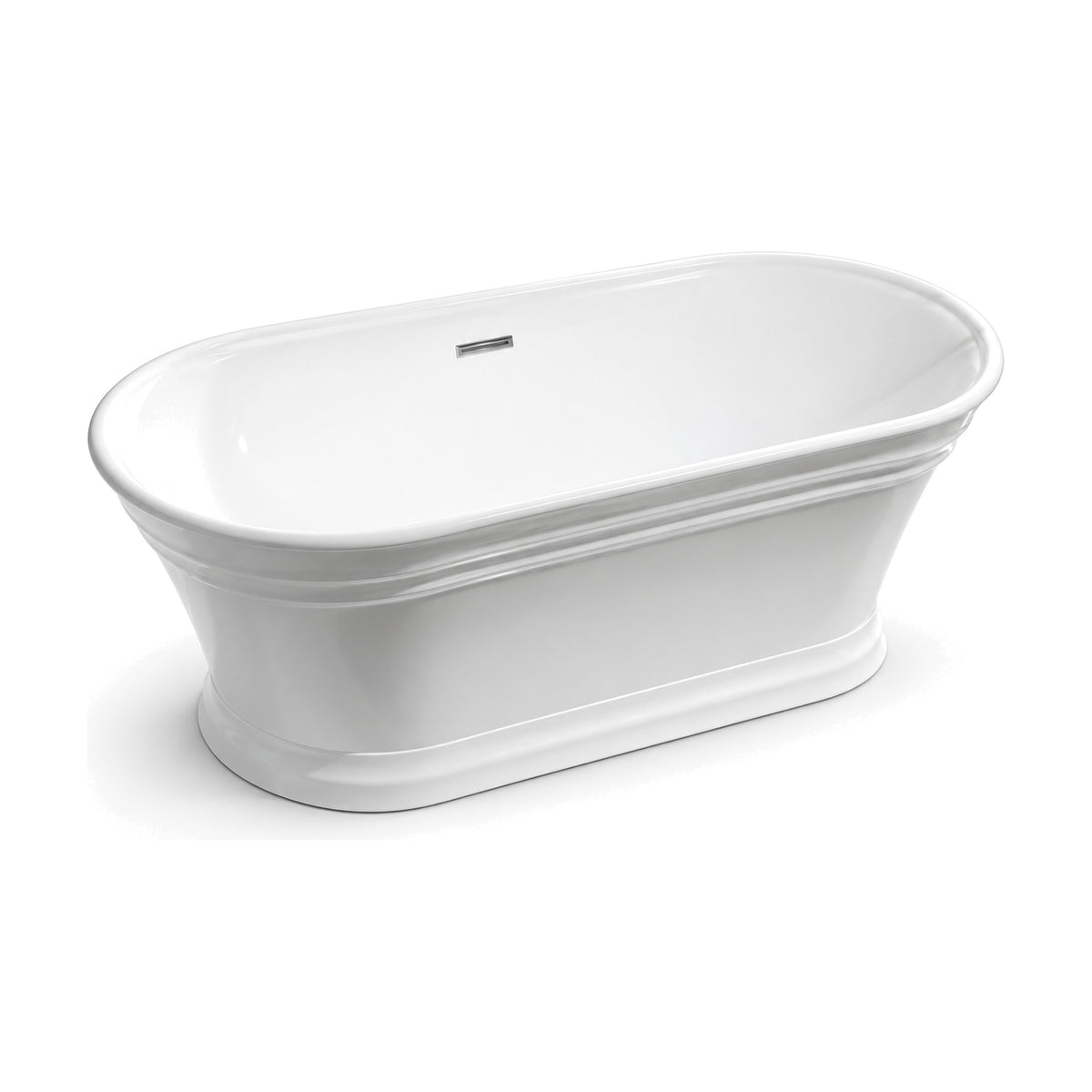 SANIKB D-8308 - gloss white roll-top freestanding bathtub with molded horizontal bands on a stepped plinth base