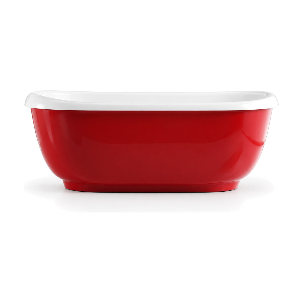 SANIKB D-8079 - red freestanding soaking tub with white interior, thick white rolled rim and low inset plinth ring