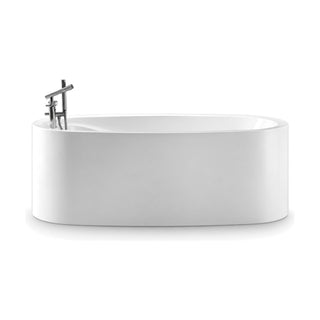 SANIKB D-8160 - white asymmetric oval freestanding tub with swirl rim, straight walls and a rim-mounted bath/shower mixer