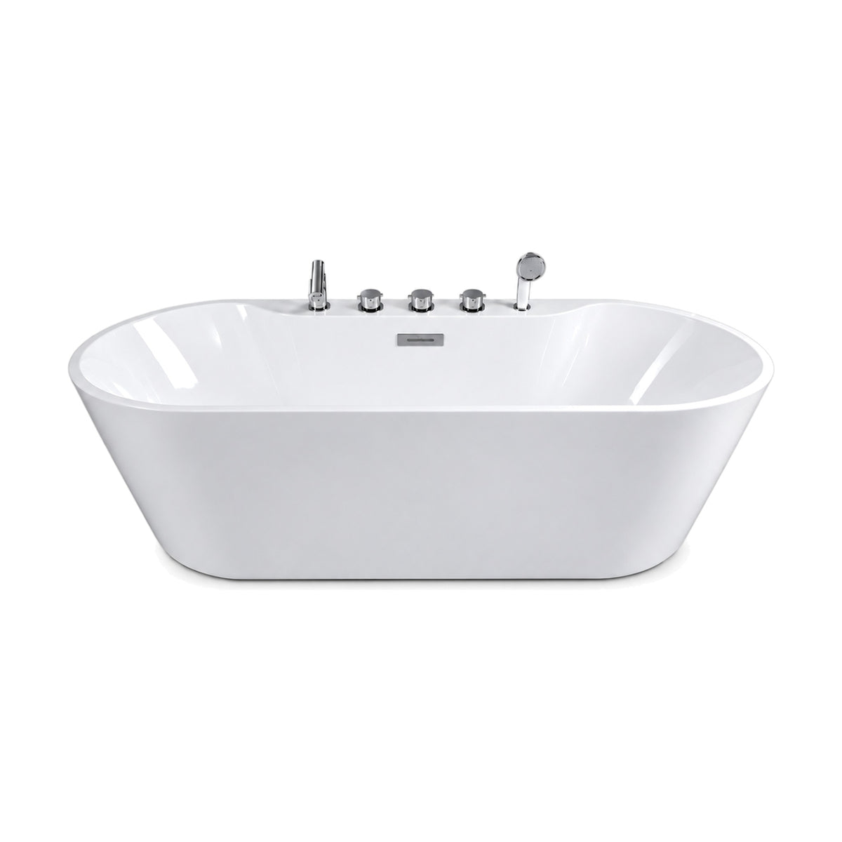 SANIKB FT009/FT010 - gloss white double-ended oval freestanding tub with a five-piece deck faucet set on a raised back ledge