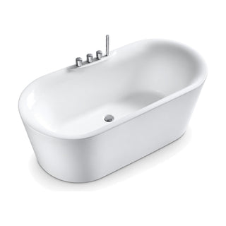 SANIKB FT041 - gloss white stadium-oval freestanding tub with a four-piece faucet set on a mid-back ledge