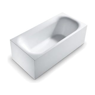 SANIKB FT019 - white box-shaped rectangular freestanding tub with sharp corners, a thick flat deck and one sloped backrest
