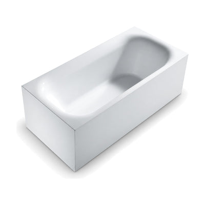 SANIKB FT019 - white box-shaped rectangular freestanding tub with sharp corners, a thick flat deck and one sloped backrest