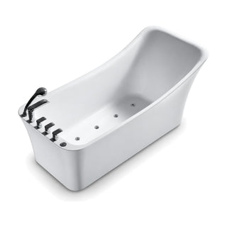 SANIKB FT022 - white freestanding whirlpool slipper tub with tall backrest, jet nozzles and rim tap set with hand shower