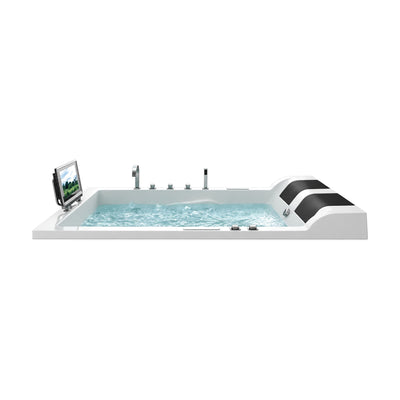 SANIKB B8022 - white two-person drop-in whirlpool tub with twin black headrests, gooseneck spout and flip-up screen