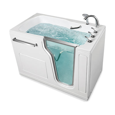 SANIKB BG327 - tall white walk-in tub with tapered chrome-framed glass door, seat, gooseneck spout and handheld shower