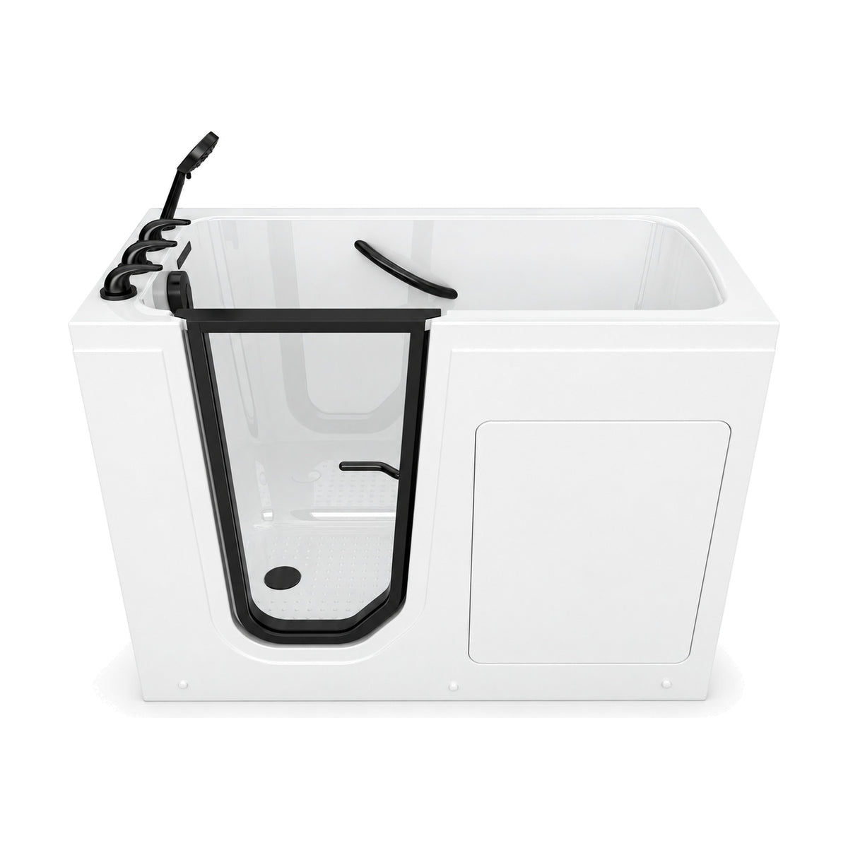 SANIKB BG329 - compact white walk-in soaking tub with black-framed glass door, seat, black grab bar and handheld shower