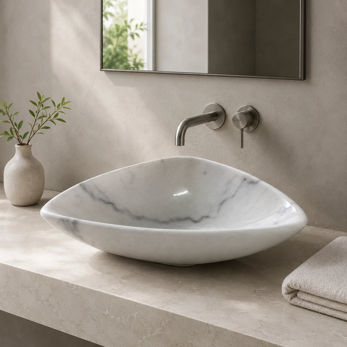 Carrara White Marble Boat-Shaped Vessel Basin