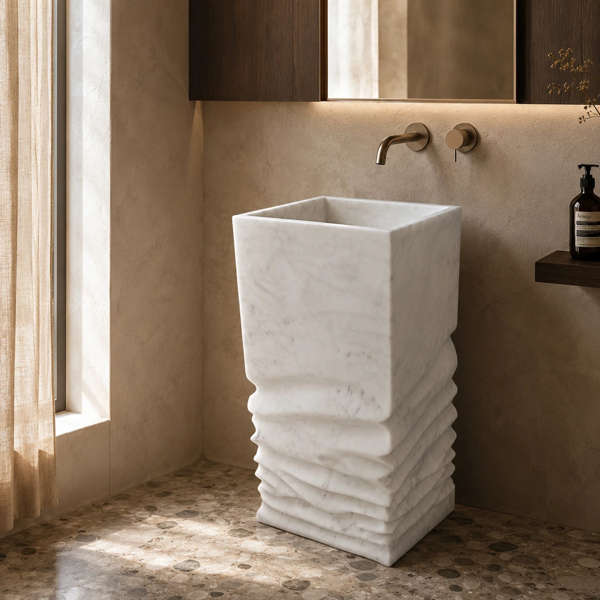 Carrara White Marble Carved Floor-Standing Pedestal Basin