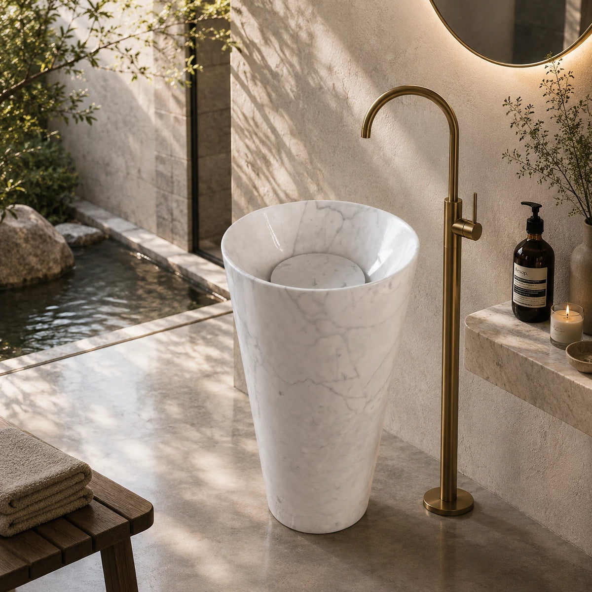 Carrara White Marble Cylindrical Pedestal Basin