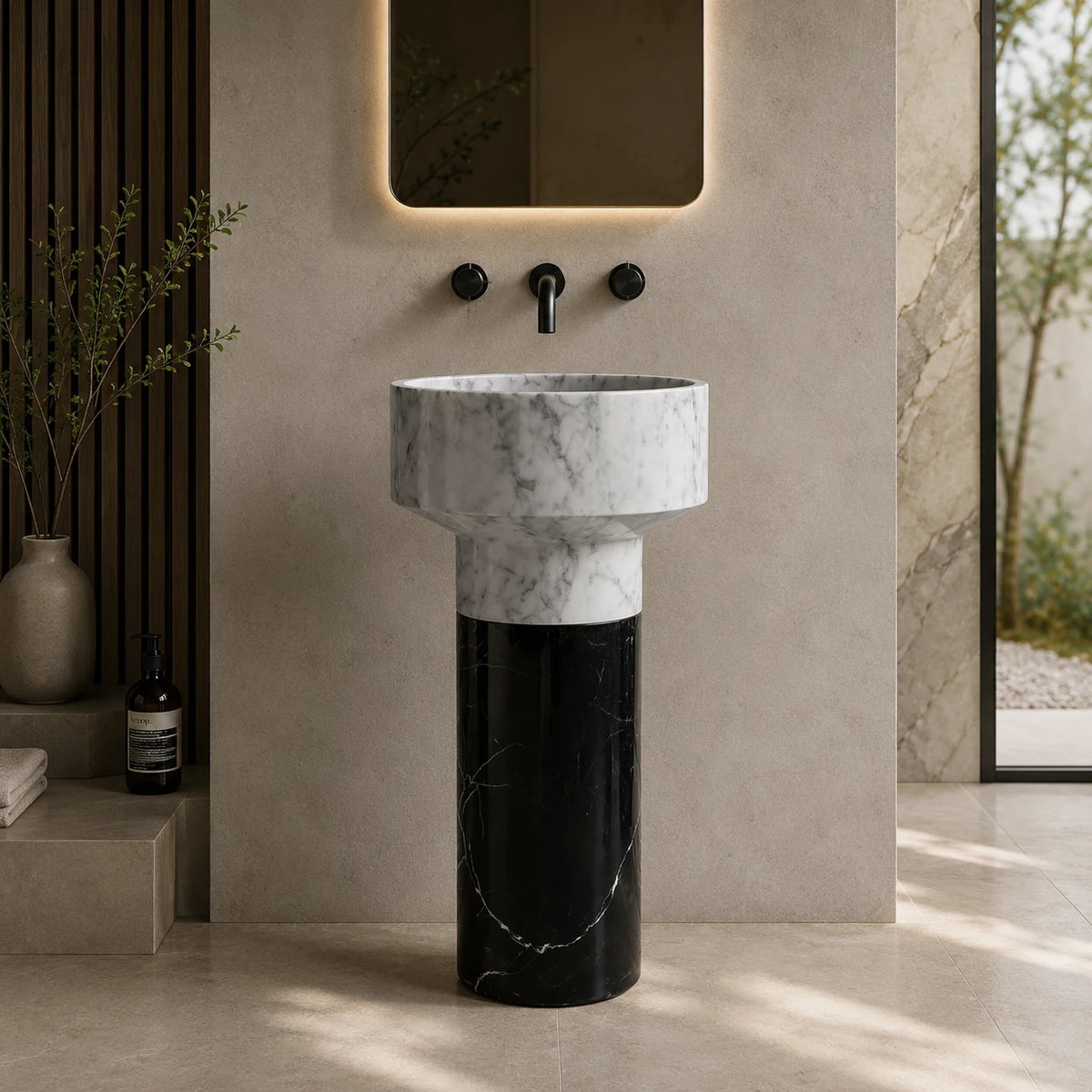 Carrara White Marble Cylindrical Pedestal Basin