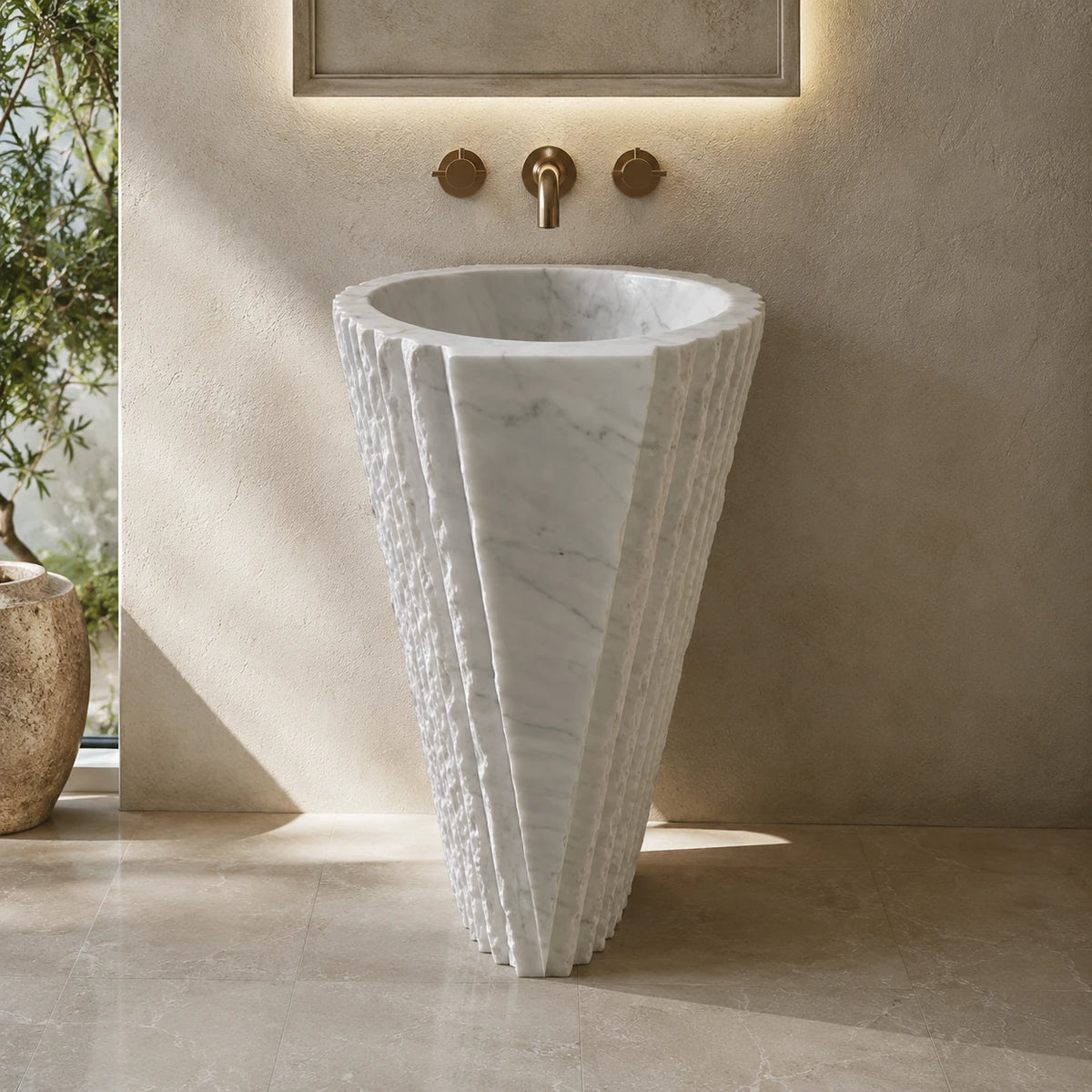 Carrara White Marble Fluted Pedestal Basin