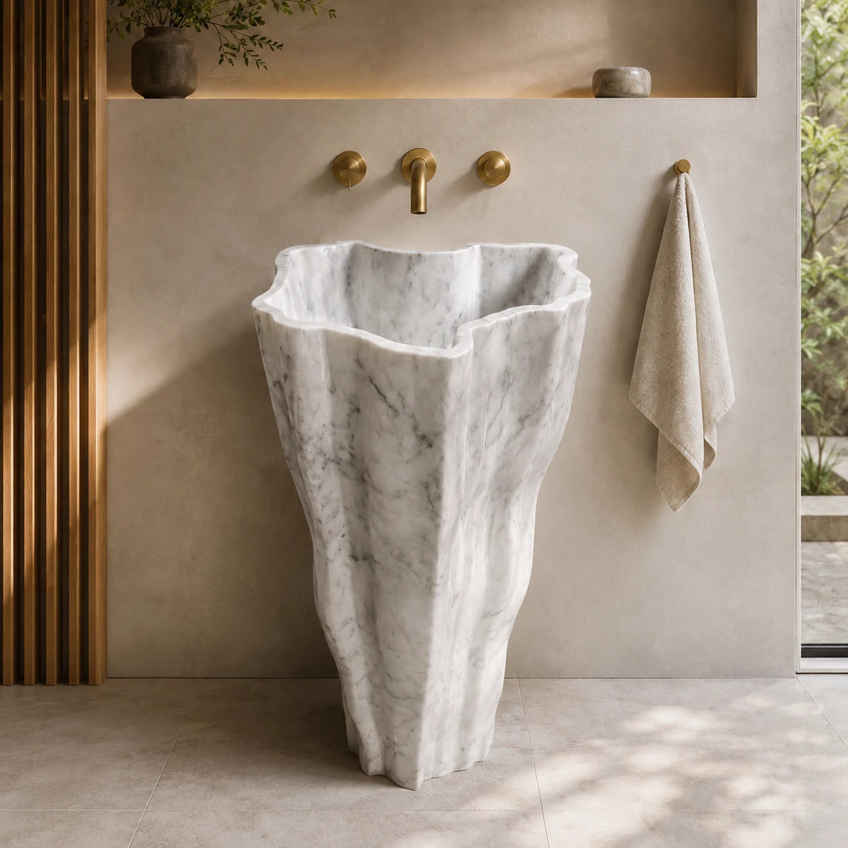 Carrara White Marble Hand-Carved Pedestal Basin