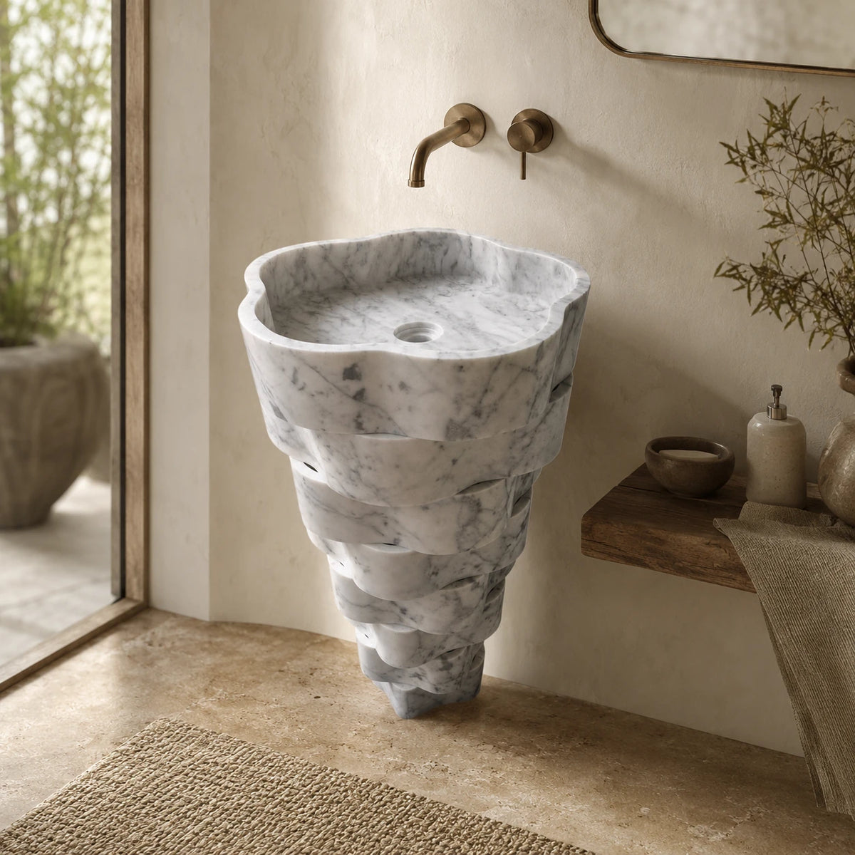 Carrara White Marble Hand-Carved Pedestal Basin
