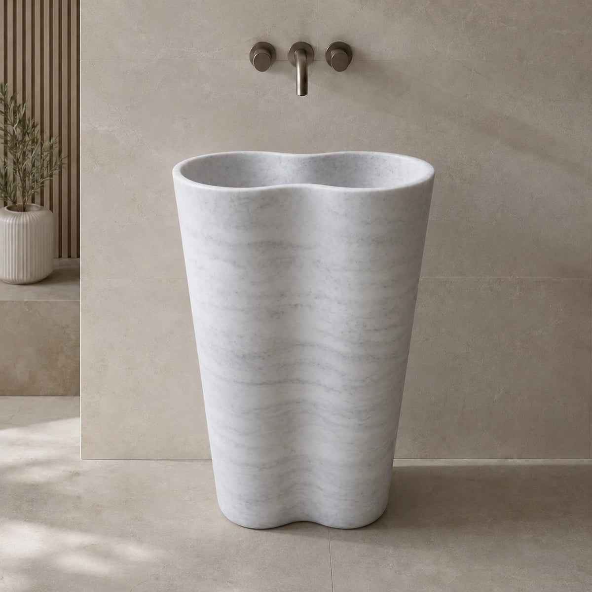 Carrara White Marble Hand-Carved Tapered Pedestal Basin