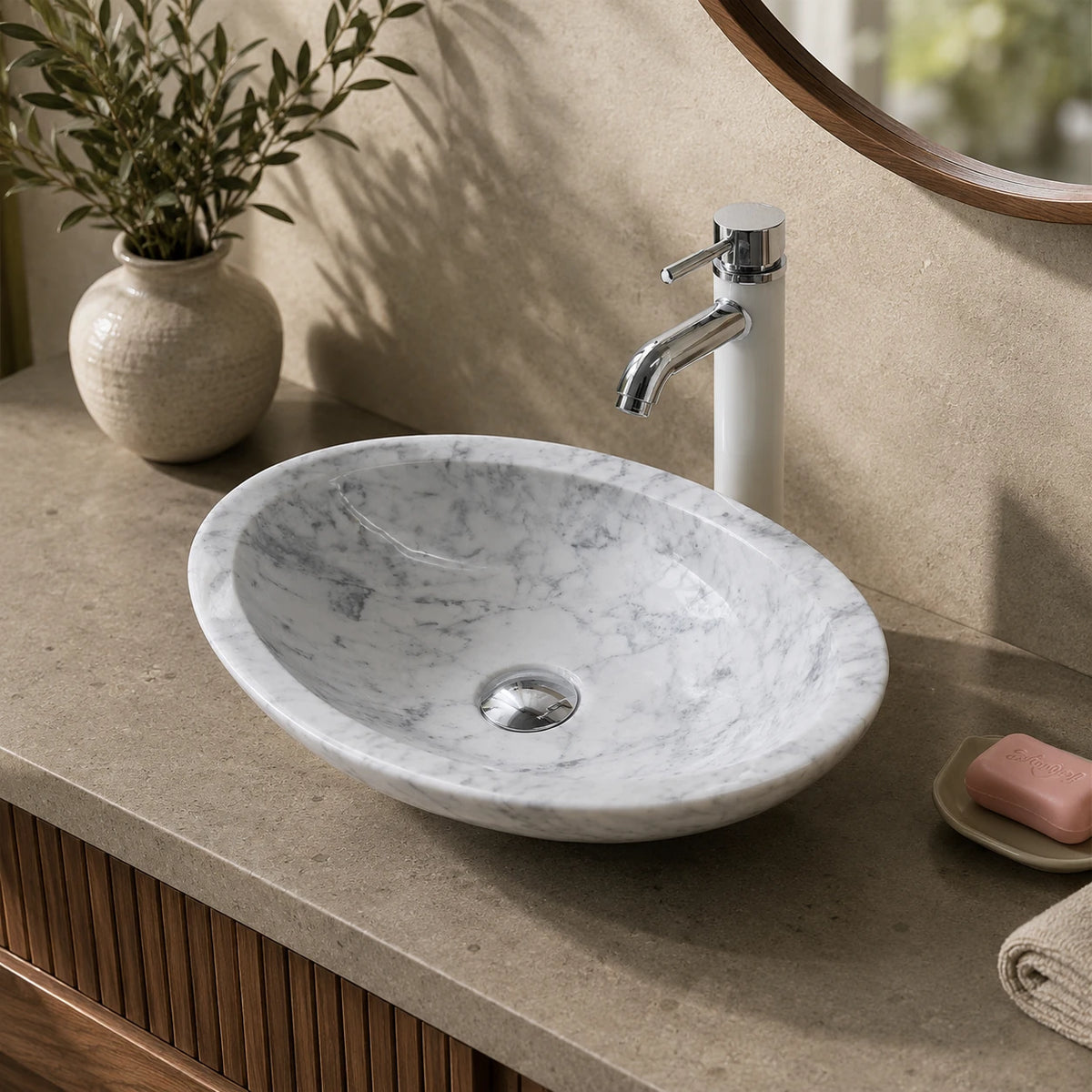 Carrara White Marble Oval Vessel Basin 18.1×14.2
