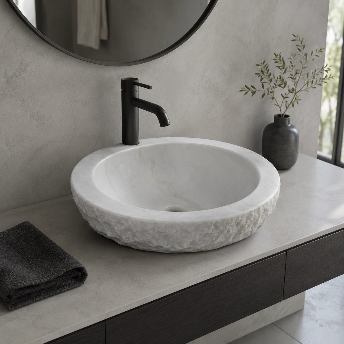 Carrara White Marble Round Vessel Basin 17.7×17.7