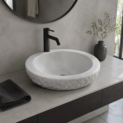 Carrara White Marble Round Vessel Basin 17.7×17.7