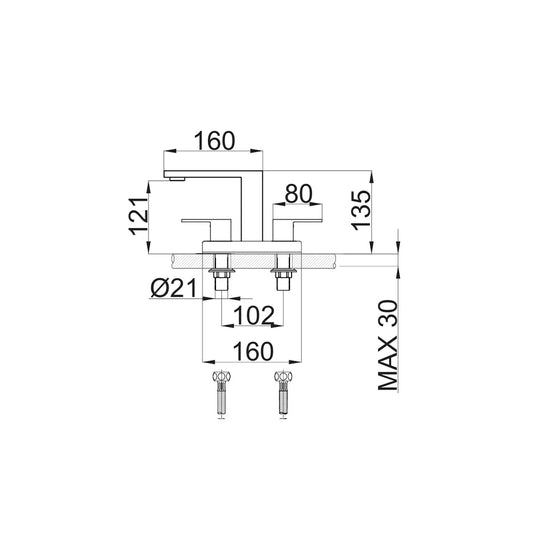 Dimensioned spec drawing for SANIKB FYF-01068 4-inch centerset bathroom basin faucet, 304 stainless steel