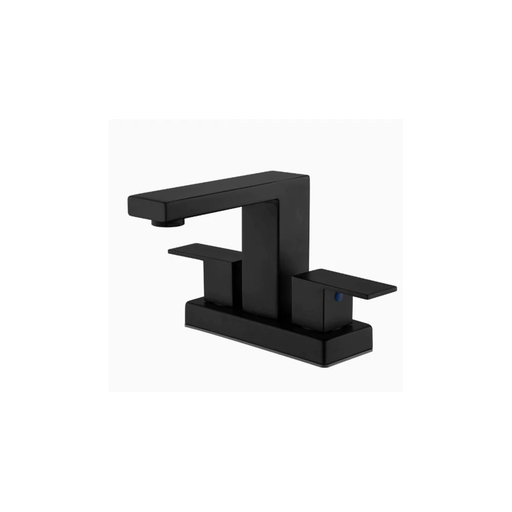 Matte Black 4-inch centerset bathroom basin faucet, 304 stainless steel, square spout with two lever handles on a 4-inch base — SANIKB FYF-01068