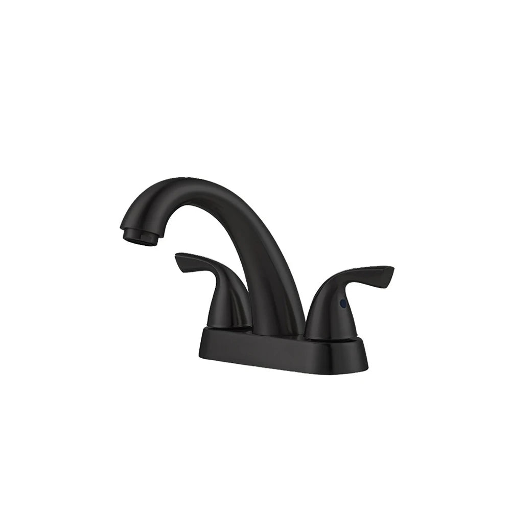 Matte Black 4-inch centerset bathroom basin faucet, 304 stainless steel, arched spout with two lever handles on a 4-inch base — SANIKB FYF-01069