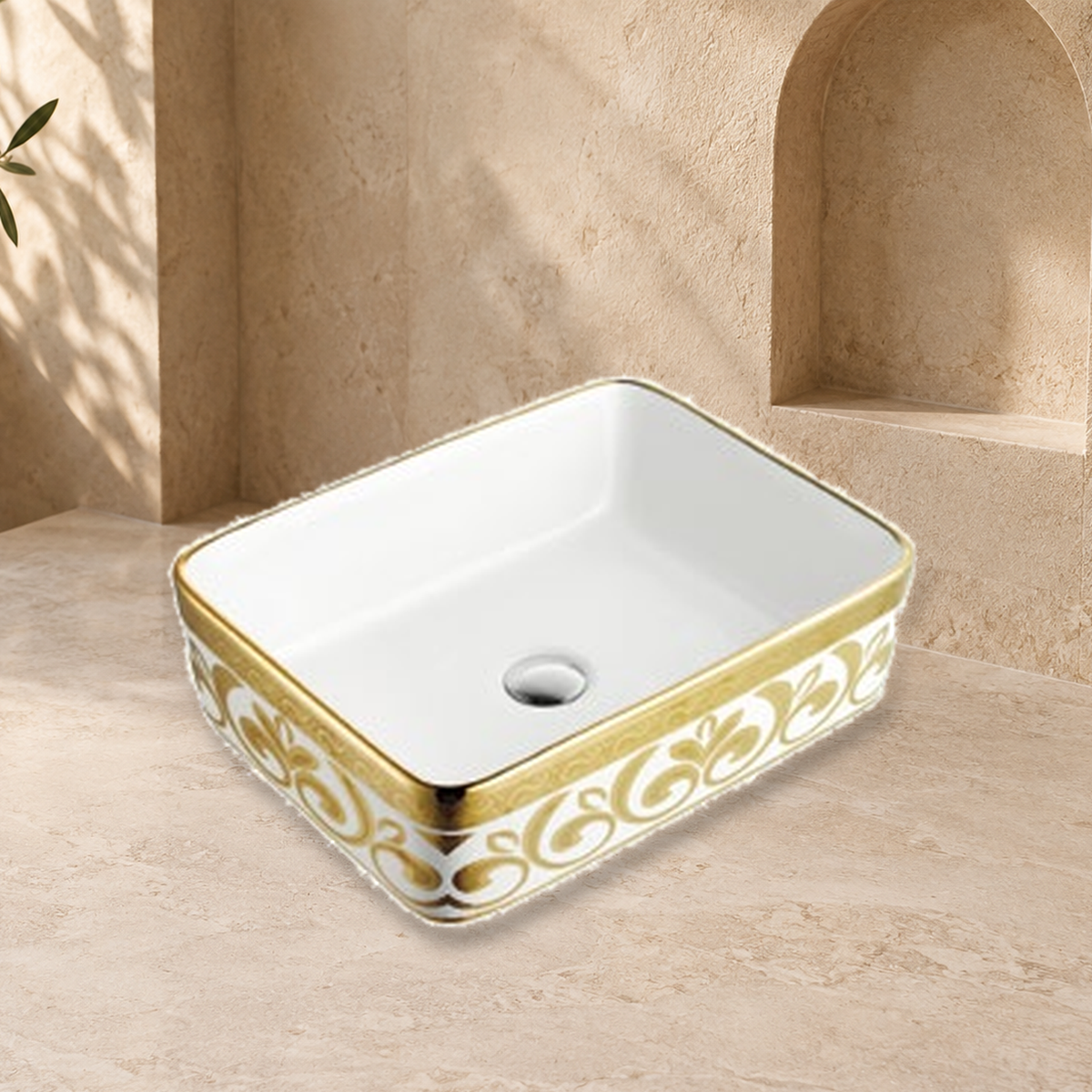 White / Gold floral pattern countertop vessel ceramic basin SHY-401J3 scene
